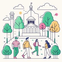 Minimal hand-drawn vector of people walking in a park with simple architectural linework.