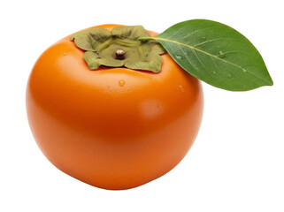 Vibrant orange persimmon fruit with green leaf isolated PNG, healthy eating concept for food blogs...
