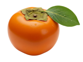 Vibrant orange persimmon fruit with green leaf isolated PNG, healthy eating concept for food blogs and seasonal designs