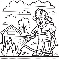 Coloring page for kids, Cute firefighter works rescuing fire vector line art illustration for coloring book
