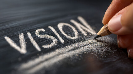 Hand holding chalk writing the word vision underlined on a blackboard with chalk dust particles emphasizing focus and clarity concepts for success and goals