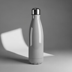 Minimalist gray reusable water bottle with shiny metal cap on gray background