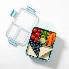Healthy lunchbox with fresh fruits vegetables and sandwiches