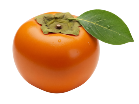 Vibrant orange persimmon fruit with green leaf isolated PNG, healthy eating concept for food blogs and seasonal designs