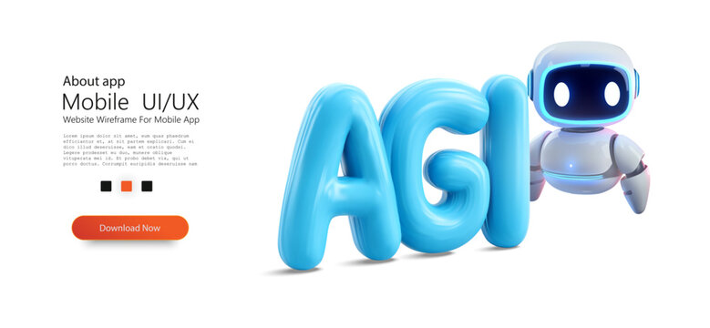 3D AGI lettering with friendly futuristic robot