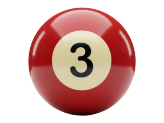 Red three billiard ball PNG isolated on transparent background, snooker ball with number 3 for game and sport design