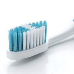 Close up of a clean white and blue toothbrush on a white background