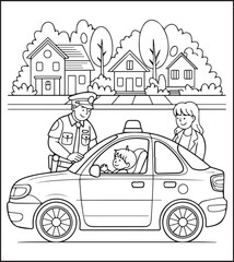 Coloring page for kids, Cute firefighter works for rescue vector line art illustration for coloring book
