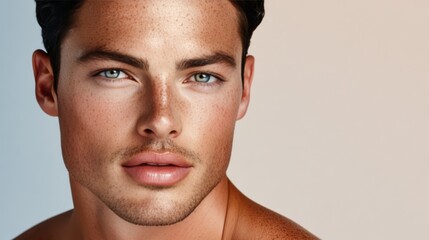 Fototapeta premium Close-up portrait of a handsome Caucasian man with freckles, relaxed expression, studio background.