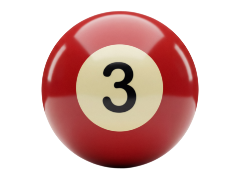 Red three billiard ball PNG isolated on transparent background, snooker ball with number 3 for game and sport design