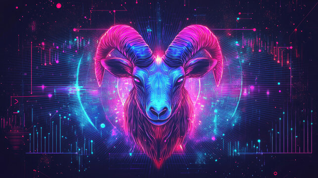 Capricorn goat head appearing in a vivid neon color palette, blending digital patterns and glowing lines to visualize futuristic astrology and spiritual guidance
