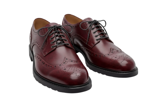 Burgundy leather wingtip dress shoes isolated PNG, classic men s footwear for formal occasions and professional attire on transparent