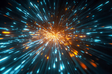 Dynamic abstract background with glowing blue and orange streaks creating a sense of high-speed motion and energy explosion in a dark space environment