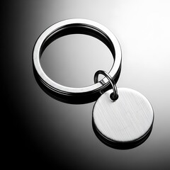 Blank silver round keychain pendant on reflective surface