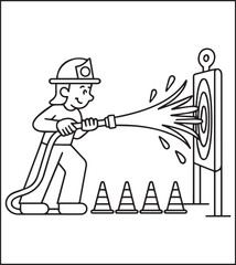 Coloring page for kids, Cute firefighter works for rescue vector line art illustration for coloring book