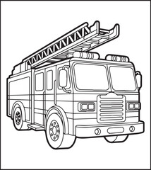 Coloring page for kids, Cute firefighter truck works for rescue vector line art illustration for coloring book