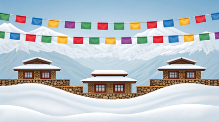 Colorful prayer flags strung above snow covered Himalayan houses