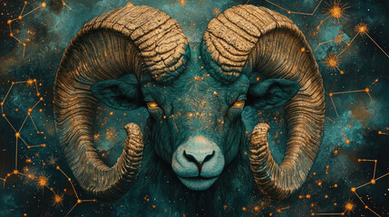 Aries ram with golden horns and dark fur representing the astrological zodiac sign, set against a vibrant green and teal cosmic nebula with golden sparkling constellations