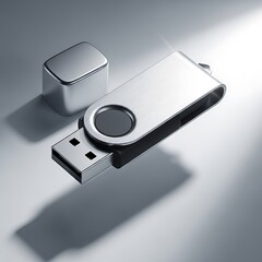 Modern silver usb flash drive with swivel cap on a light gray background