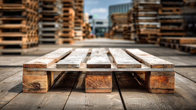 Wooden pallets stacked outdoors in an industrial yard with weathered textures and blurred background of additional pallet stacks in daylight