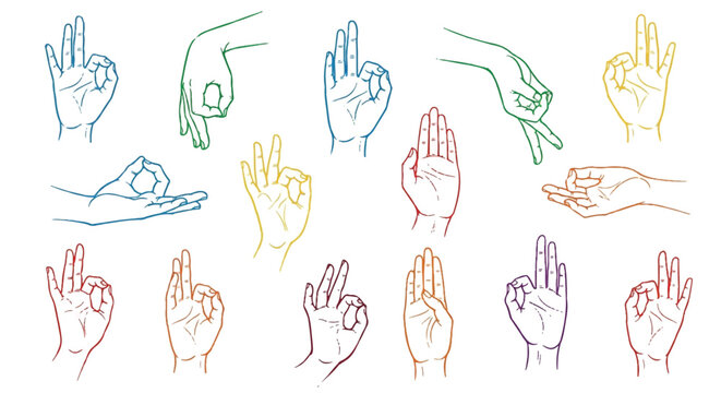 Spiritual hand mudras collection, featuring various colorful hand-drawn gestures for yoga and meditation, rendered in a striking flat 2D vector illustration style on white.