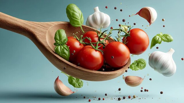 Fresh tomatoes, basil, and garlic are artfully tossed in the air from a wooden spoon, showcasing vibrant colors and dynamic motion, capturing the essence of culinary creativity and freshness