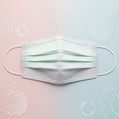 White medical face mask on a pink and blue background with subtle patterns