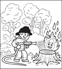 Coloring page for kids, Cute firefighter works for rescue vector line art illustration for coloring book