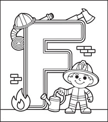 Coloring page for kids, Cute firefighter works for rescue and alphabet D vector line art illustration for coloring book