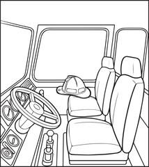 Coloring page for kids, Cute firefighter truck inside view works for rescue vector line art illustration for coloring book