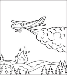Coloring page for kids, Cute firefighter airplane works for rescue vector line art illustration for coloring book