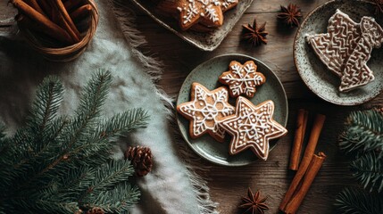 Cozy Christmas baking scene with star gingerbread cookies, cinnamon sticks, and festive decor on a rustic wooden table, perfect for holiday greetings