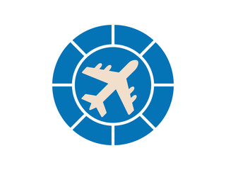 Fototapeta premium A stylized airplane icon is centered within a blue circular graphic with segmented sections, representing travel and aviation.
