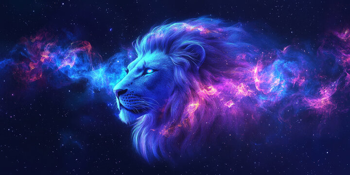 Leo zodiac sign represented by the majestic male lion symbol with constellation illustration, astrological horoscope background in blue cosmic design, mystical atmosphere with copy space for text