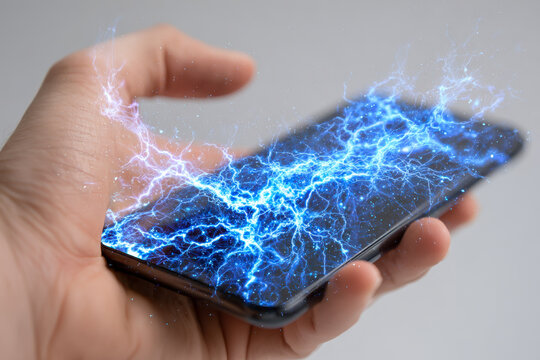 Hand holding a smartphone emitting vivid blue electric currents and energy sparks symbolizing powerful digital technology and dynamic electronic communication concept