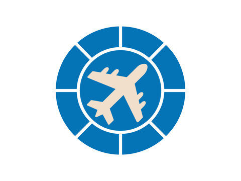 A stylized airplane icon is centered within a blue circular graphic with segmented sections, representing travel and aviation.