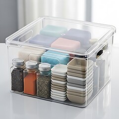 Clear plastic storage bin filled with spices and other household items