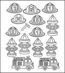 Coloring page for kids, Cute firefighter instruments works for rescue vector line art illustration for coloring book