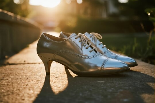 A pair of silver high-heeled dress shoes placed on a sidewalk in sunlight, casting shadows.