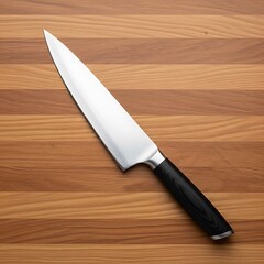 Sharp chef knife with black handle on a wooden cutting board