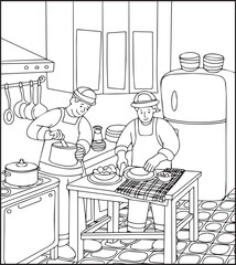 Coloring page for kids, Cute firefighter works for rescue vector line art illustration for coloring book