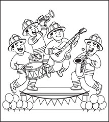 Coloring page for kids, Cute firefighter enjoying with musical equipment vector line art illustration for coloring book
