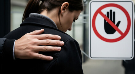 Rear view of a woman suffering from harassment, with a man's hand on her shoulder, with a prohibition sign