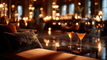 Two cocktails sit on a table in a dimly lit, luxurious lounge with a pillow on a chaise lounge. The background is out of focus with warm lighting.