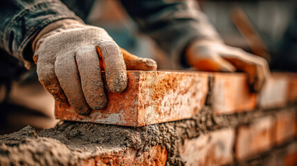 Close-up of a worker?s gloved hands carefully laying bricks and applying mortar during the construction of a brick wall at a building site