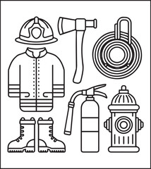 Coloring page for kids, Cute firefighter equipment works for rescue vector line art illustration for coloring book