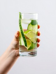 Hand holding a refreshing glass of cucumber and lime infused water
