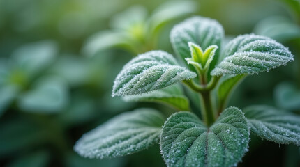 Natural Texture Of Clary Sage Leaves With Winter Frost.