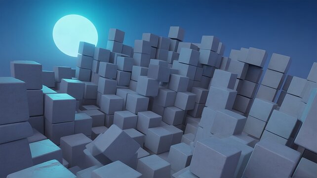Surreal Cubic Landscape Under Blue Moonlight with Gravity-Defying Geometric Mountains