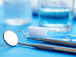 Dental hygiene tools including mirror and scaler with mouthwash and toothbrush